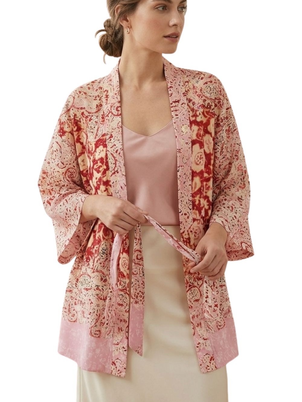 Zara Short-Length Floral Pink Red Floral Kimono Duster Size Medium